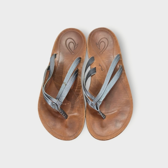 OluKai U'i Womens Silver Strap Leather Flip Flop Sandals Double Strap Sz 7 - Picture 3 of 6